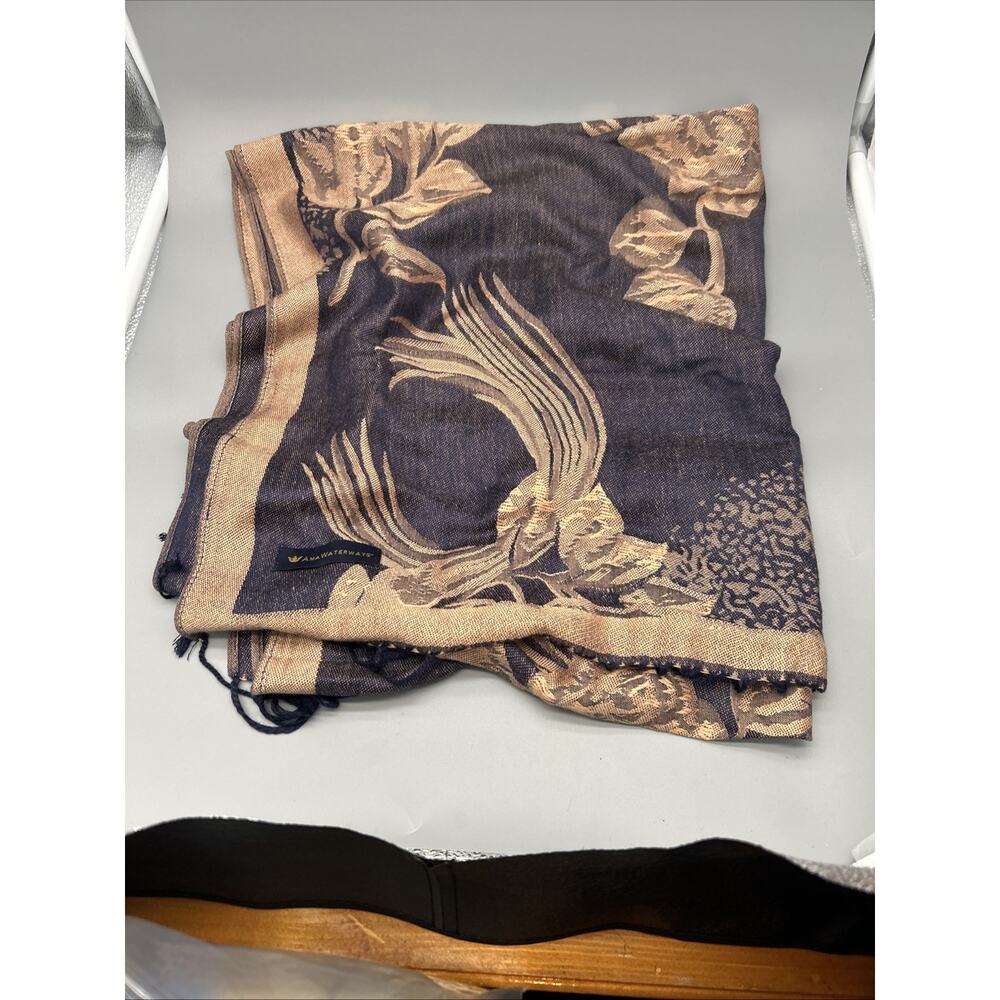 Ama Waterways Navy Blue Beige Tan Large Floral Print Fringe Scarf 28”x74”